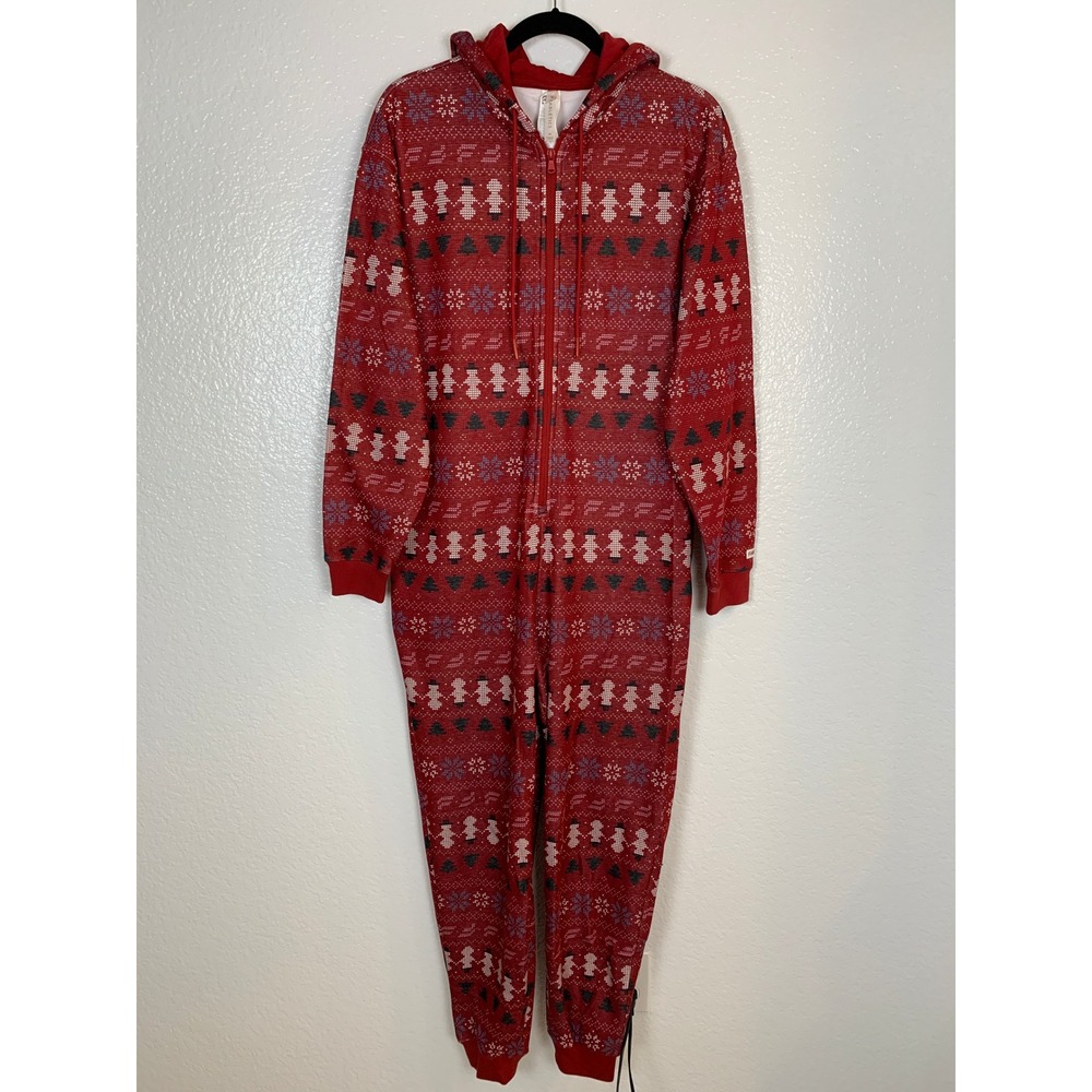 Fabletics Jumpsuit Women M Red Fair Isle Holiday Snowman Christmas Loungewear